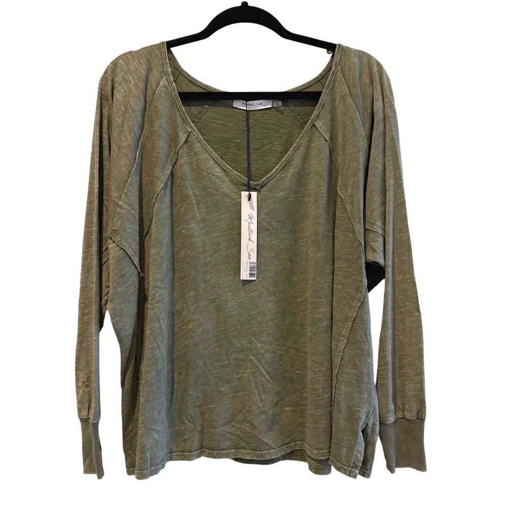 Mustard Seed Womens Oversized V-Neck Slub Cotton Tee Olive Green S16860 L NWT